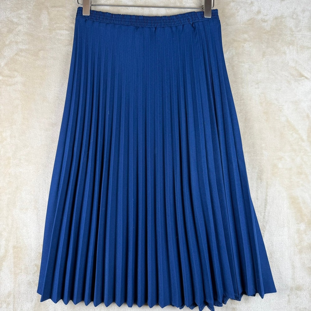 Vintage Women‎ Sz 10 Royal Blue Knife Pleat Midi Skirt Elastic Waist Mod Classic